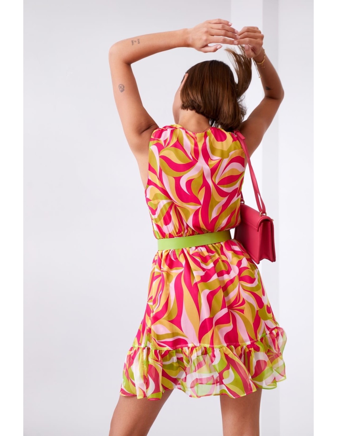 Light patterned dress with a belt, neon green and pink 03040 - Online store - Boutique